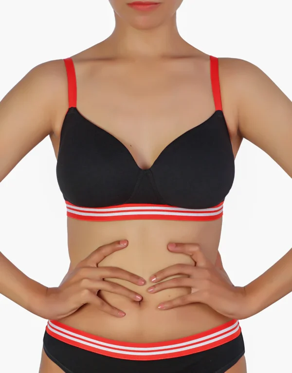 IFG-LIGHTLY PADDED NON WIRED TSHIRT BRA WITH STRIPED ELASTIC WAIST BAND-BLACK