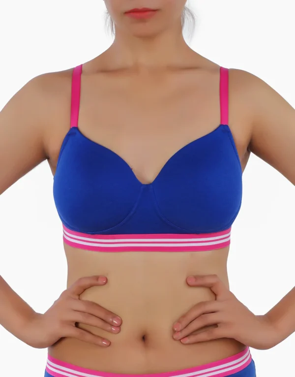 IFG-LIGHTLY PADDED NON WIRED TSHIRT BRA WITH STRIPED ELASTIC WAIST BAND-BLUE